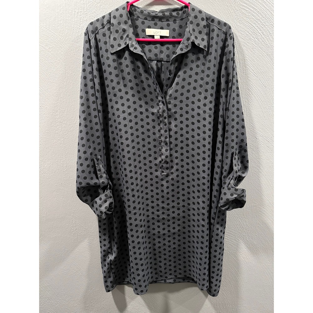 Ann Taylor LOFT Grey Black Polka Dot Roll Tab Sleeve Dress Large